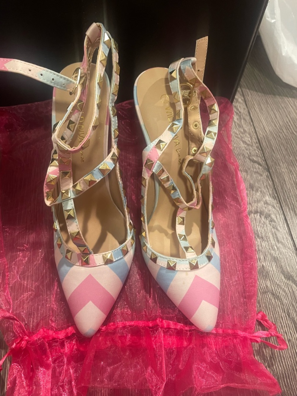 Wild Diva Pink and Blue Studded Pointed-Toe Slingbacks
